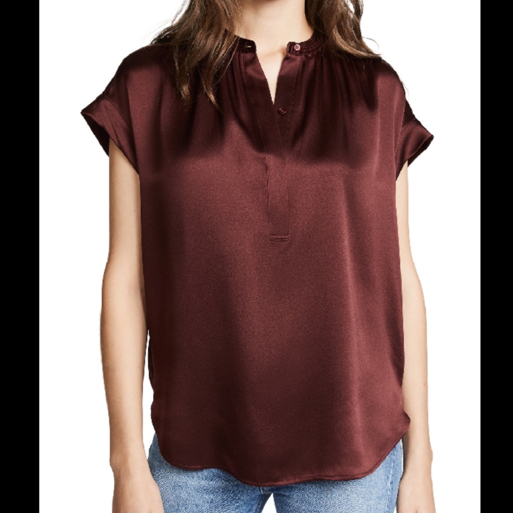 Vince Silk Shirred-Neck Cap-Sleeve Blouse